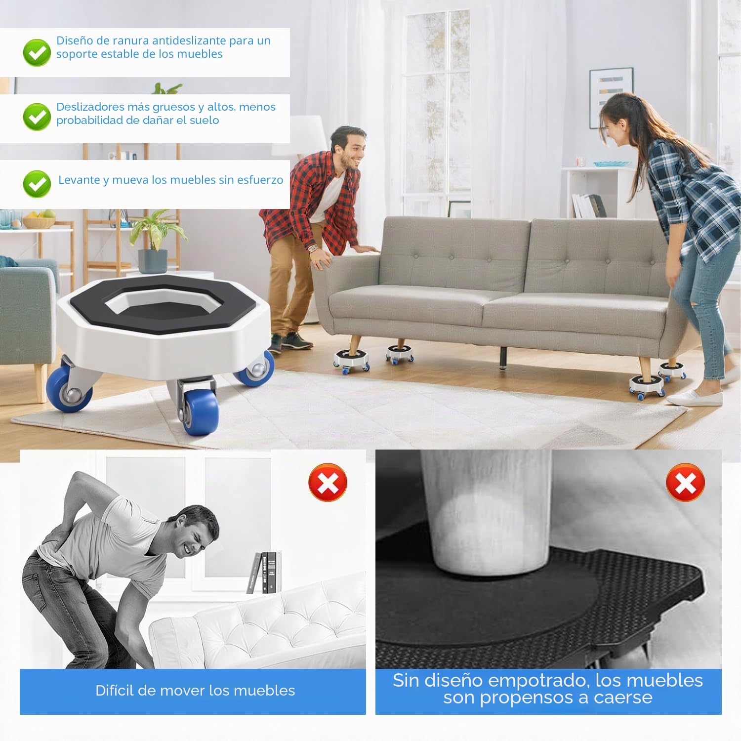 Set de 6 Ruedas para Muebles con 4 Ruedas para Muebles Pesados 1 Dispositivo de Elevación 1 Barra Extensible 360°Giratorias Alta Capacidad de Carga Antideslizante para Furniture Mover