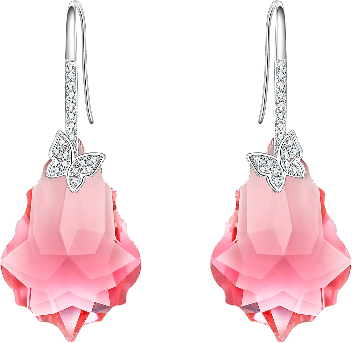 EleQueen 925 Sterling Silver CZ Butterfly Baroque Hook Dangle Earrings Pink Made with Austrian Crystals for Women Girls, Valentine's Day/Mother's Day/Christmas Jewelry Gift for Girlfriennd/Mom
