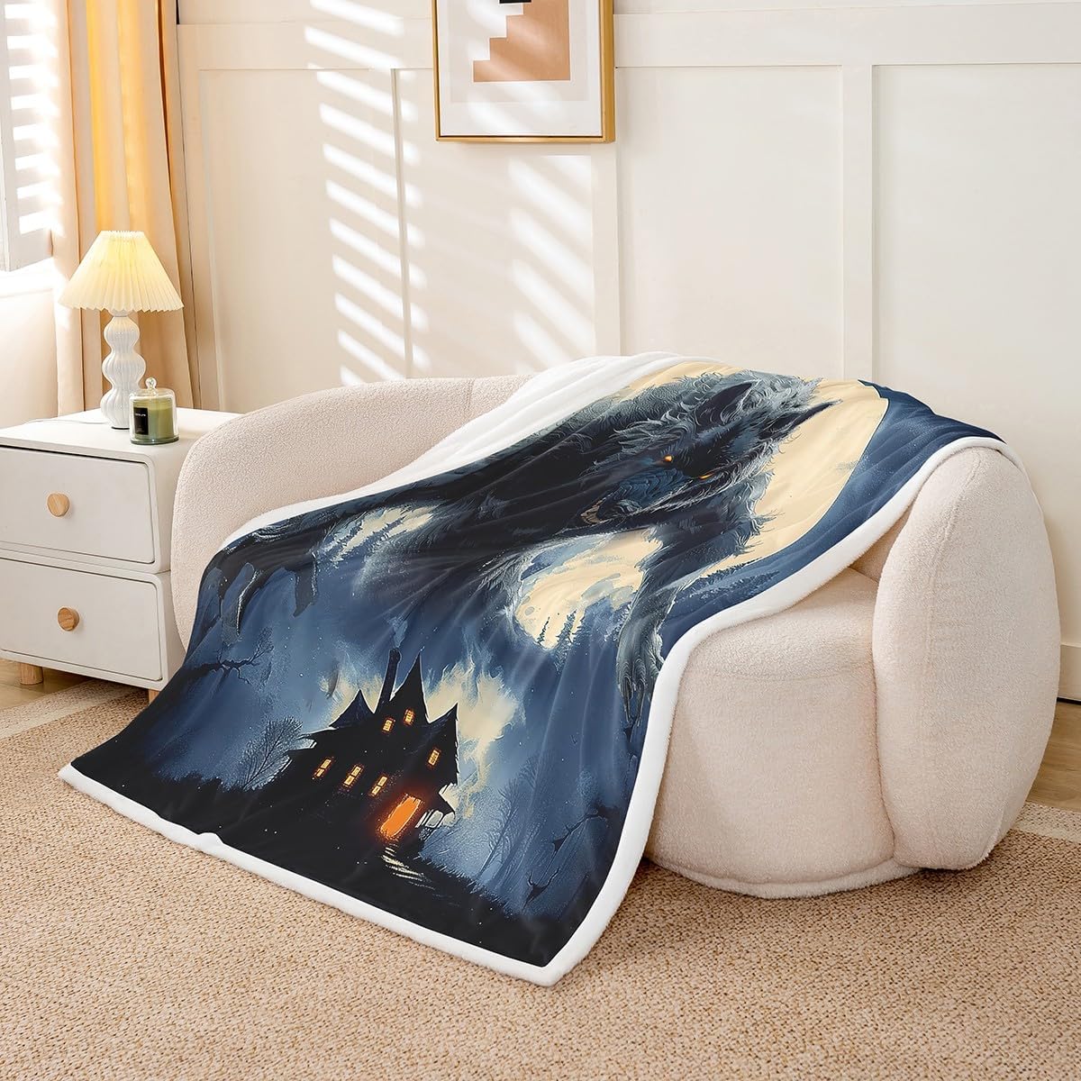 Howling Wolf Throw Blanket,Gothic Castle Blankets Kids Boys Teens Men Room Decor,Western Moon Night Werewolf Theme Fleece Blanket Horror Wild Animals Sherpa Blanket,for Chair/Sofa,50"×60" - Image 2