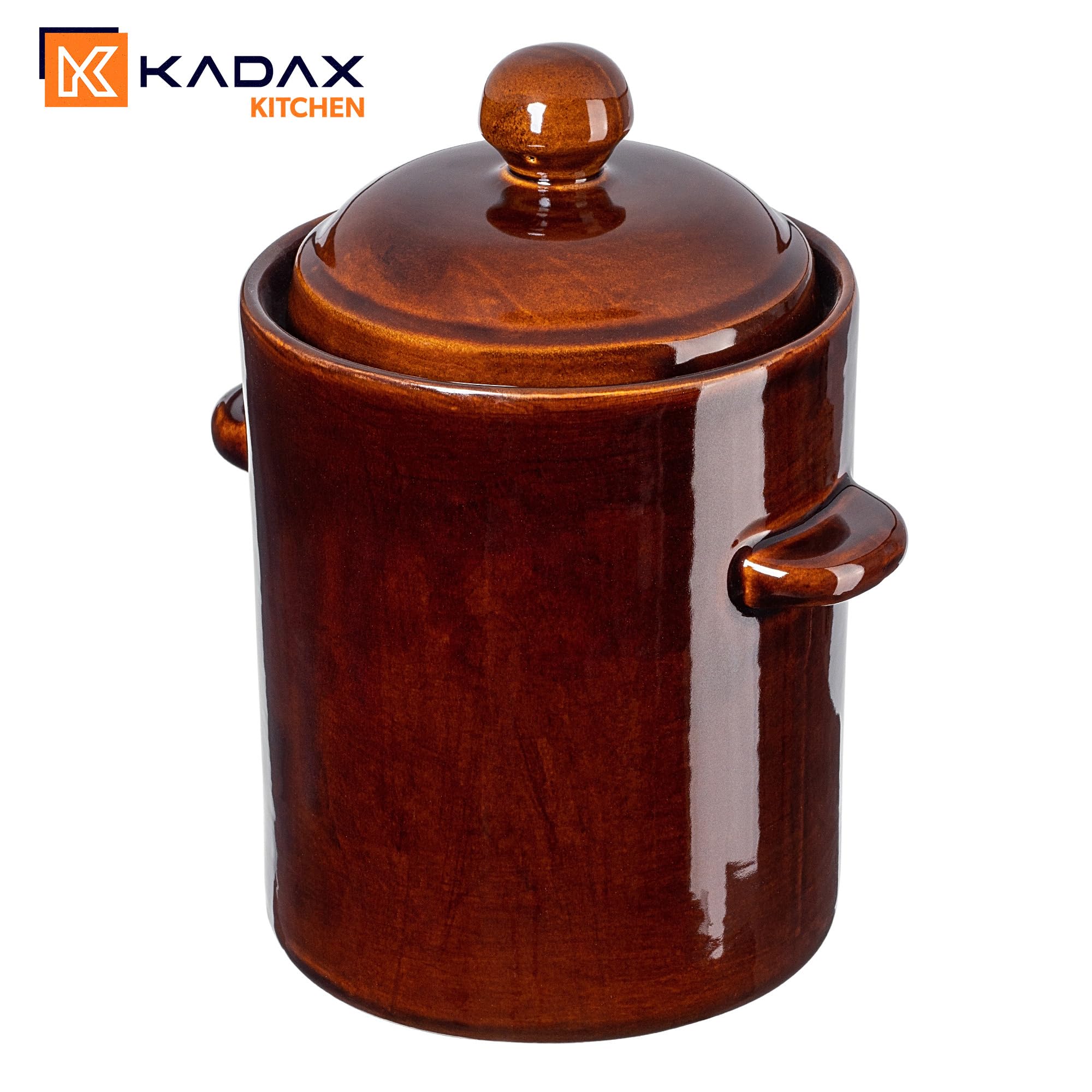 KADAX 10L Steinzeugtopf, Dichter Keramiktopf mit Deckel, Spülmaschinenfester Steinguttopf, handgefertigter Gärtopf aus Keramik, Einlegtopf für Gurken und Sauerkraut (Braun)