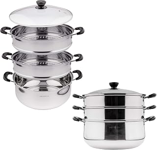 3-Tier 16 Qt Stainless Steel Steamer Pot with Glass Lid – Multi-Layer Stackable Cookware for Tamales, Vegetables & Seafood – Includes 2 Steamer Trays & Base Pot