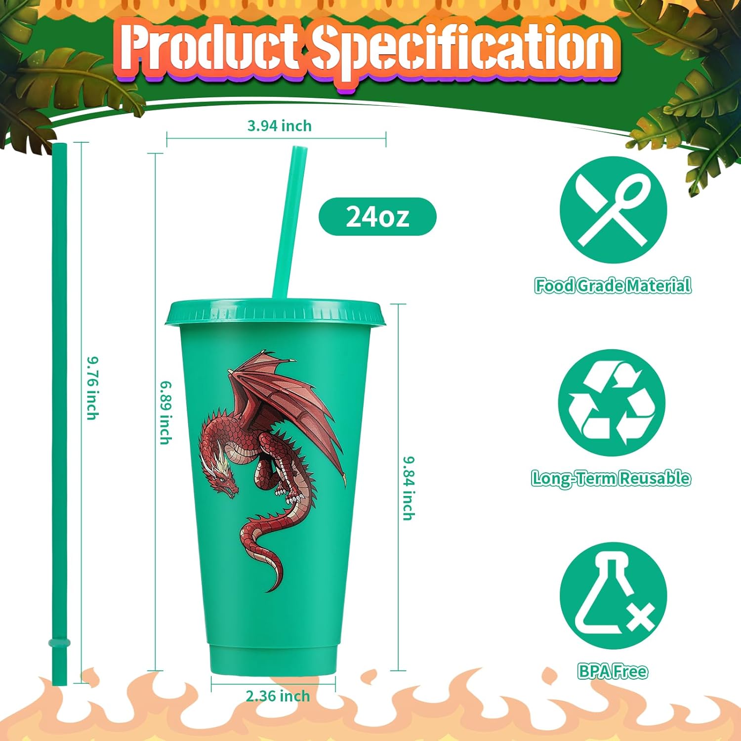30 Pcs Dragon Party Favor Western Party Cups with Lid Straw 24 oz Plastic Drink Cups Reusable Bulk Tumblers for Fantasy Dragon Theme Party Supplies Birthday Party Gifts