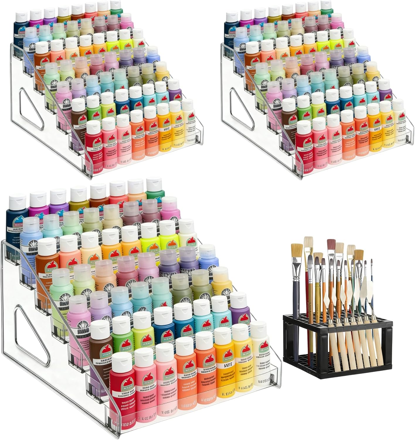3 Pack Clear Paint Organizer With Paint Brush Holder, 7 Layers Acrylic Pigment Organizer Storage Rack,Craft Miniature Holder for Storage, Holds 56 Bottles of 2oz Pigment