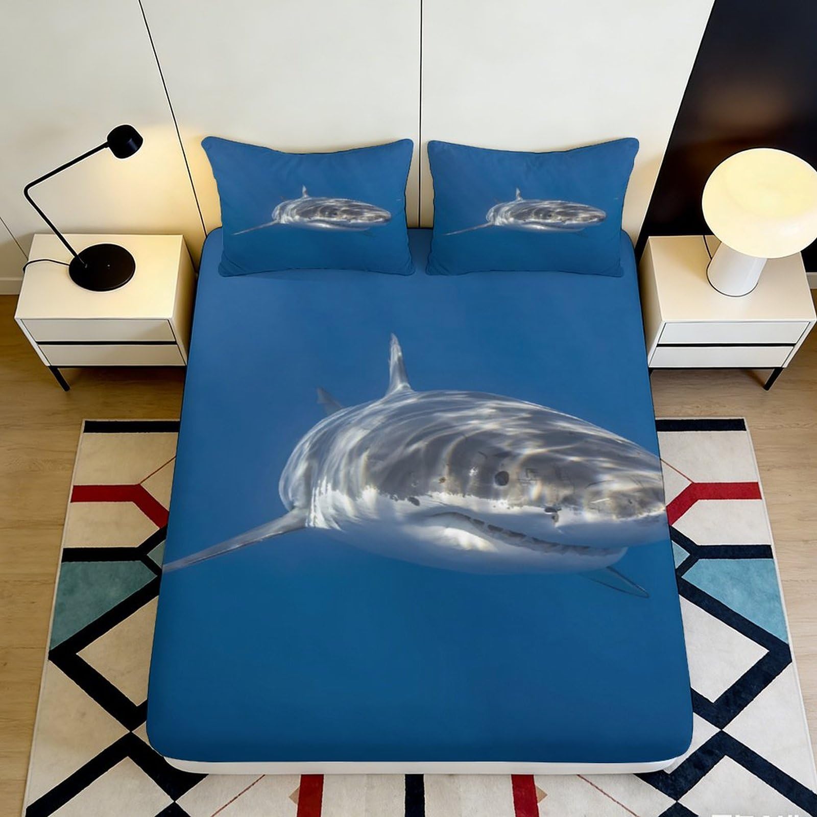 3D Printed Shark Fitted Sheet Deep Pocket Microfiber Washable Bedding Non-Slip Bedroom Shark Mattress Fitted Cover for Adults Teens 200x200x25cm
