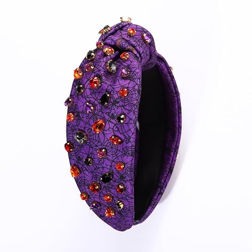 Miniatura 2 de Diademas de Halloween para mujer, color morado, naranja, negro, cristal adornado, diadema anudada, diadema ancha de Halloween, accesorios para el