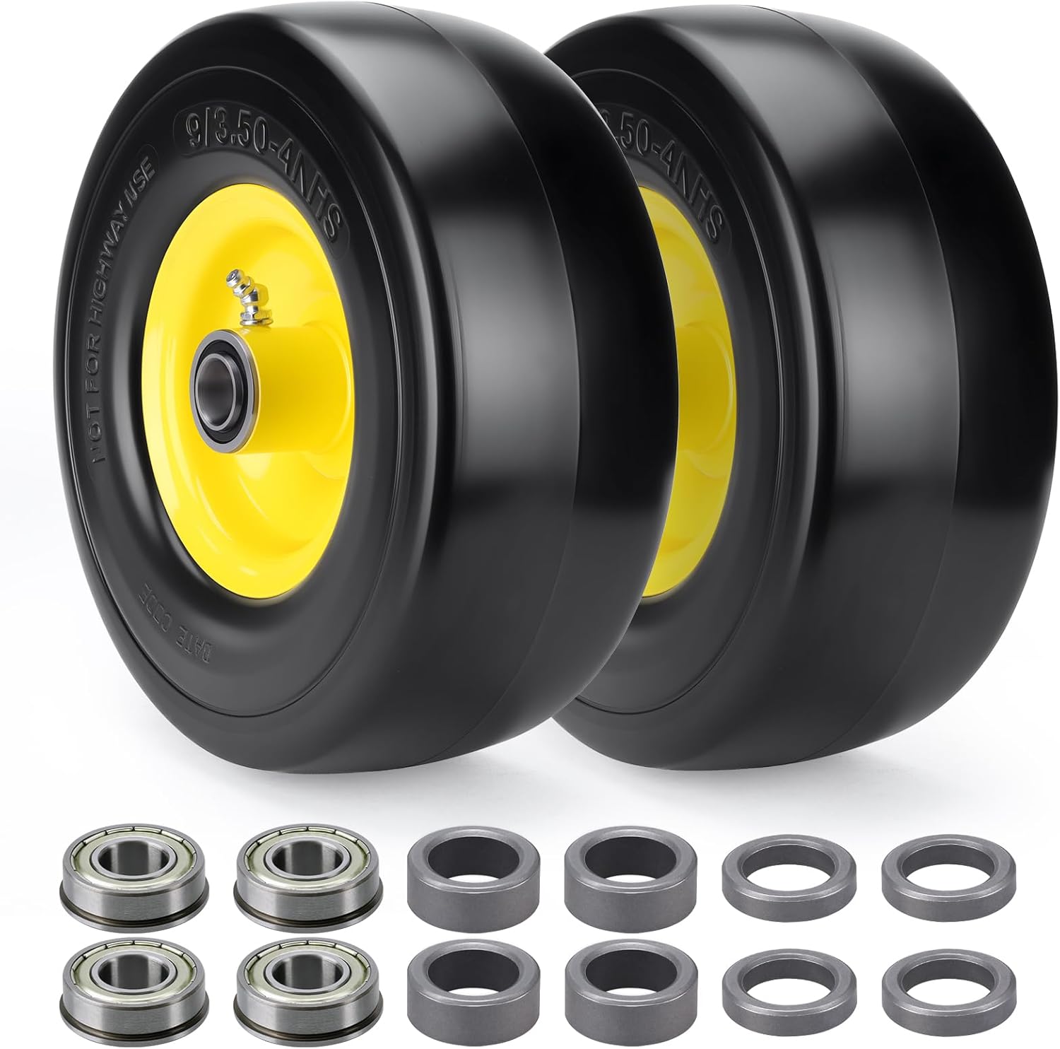9x3.50-4 Flat Free Tire, Lawn Mower Tire and Wheel, Smooth Tread Tire for Zero Turn Mowers,Centered Hub Length 3.5"-4"-4.5"-5",Bearing Bore 3/4" & 5/8",2 PCS