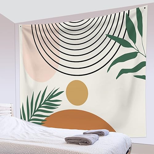 Tapiz de mediados de siglo, bohemio, bohemio, estética, moderno, abstracto, geométrico, tapiz con curvas de arco solar, hojas verdes, tapices para