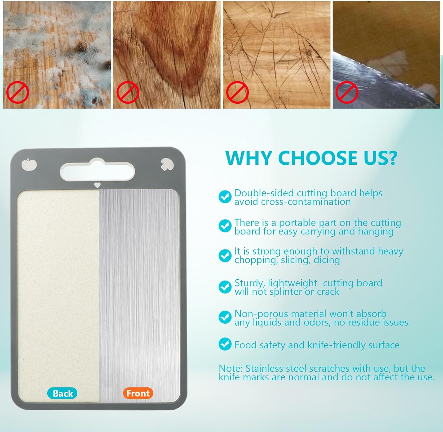 KAYCROWN Cutting Board Double Sided, Cutting Board for Kitchen, 16"x11", 304 Stainless Steel and Wheat Straw PP, Chopping Board with Non-Slip Edges, Butcher Block for Kitchen, Large Size