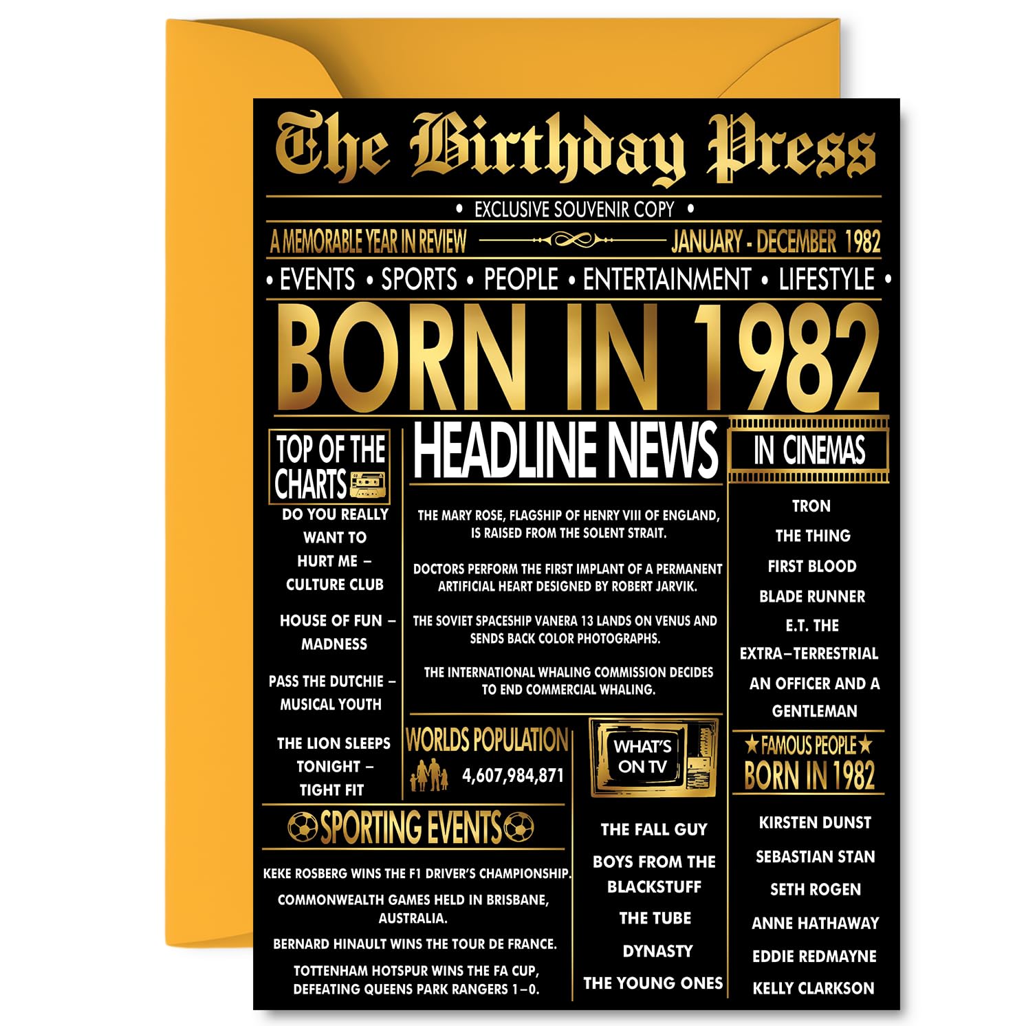Gold 44th Birthday Card for Men Women - Black & Golden Newspaper Born in 1982 - Happy 44 Birthday Cards for Wife Nephew Dad Niece Neighbour Colleague, A5 Bday Greeting Cards