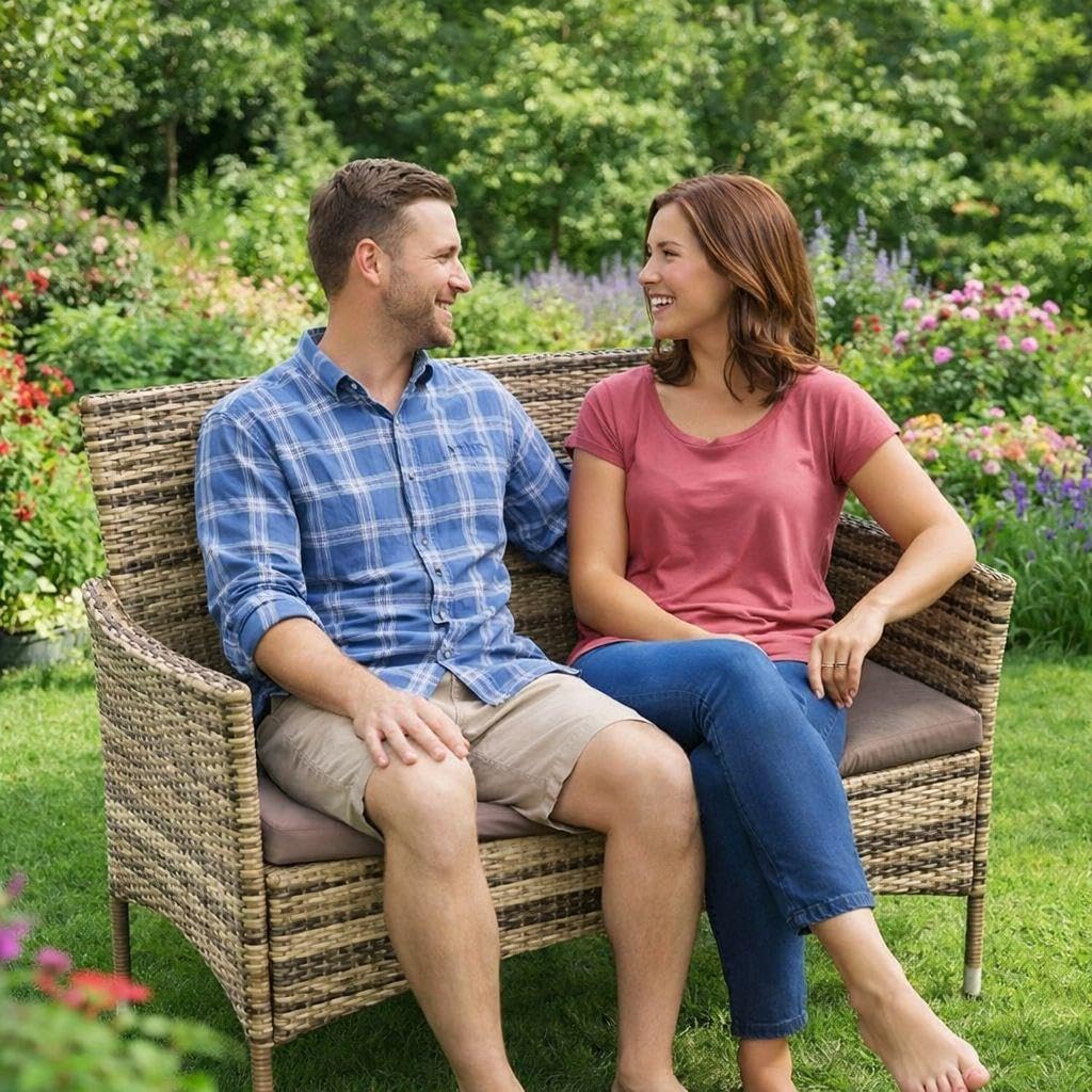 ESTEXO Polyrattan Gartenbank Bank Rattan Gartenmöbel 2-Sitzer Sitzbank mit Sitzkissen Rattanmöbel (Beige-Braun) Garten