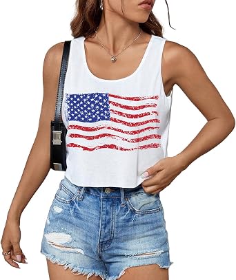 HRIUYI Womens 4th of July Crop Tank Tops American Flag Patriotic Shirts for Teens Girls