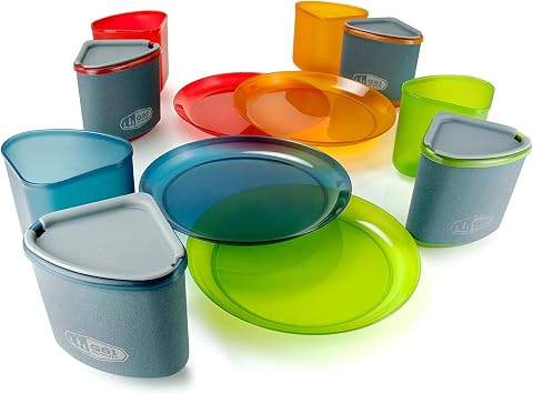 GSI Outdoors Infinity 4 Person Compact Nesting Tableset for Ultra-Light and Compact with Cup, Bowls and Plates for Camping, RV, or BBQ