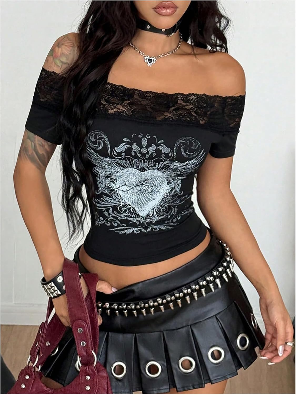OYOANGLE Women's Graphic Lace Off Shoulder Tube Top Y2K Short Sleeve Crop T Shirts - Image 6