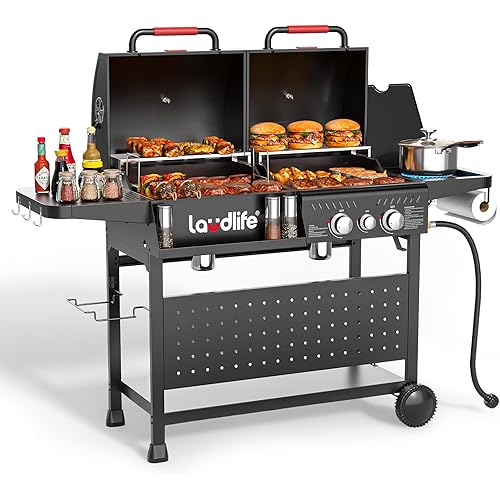 Gas and Charcoal Grill Combo with Side Burner, 3 Burners Propane BBQ Grill, 748 SQ.IN Cooking Space, Non-Stick Enamel Coating Grates, Heavy-Duty Stand for Backyard & Outdoor Barbecue