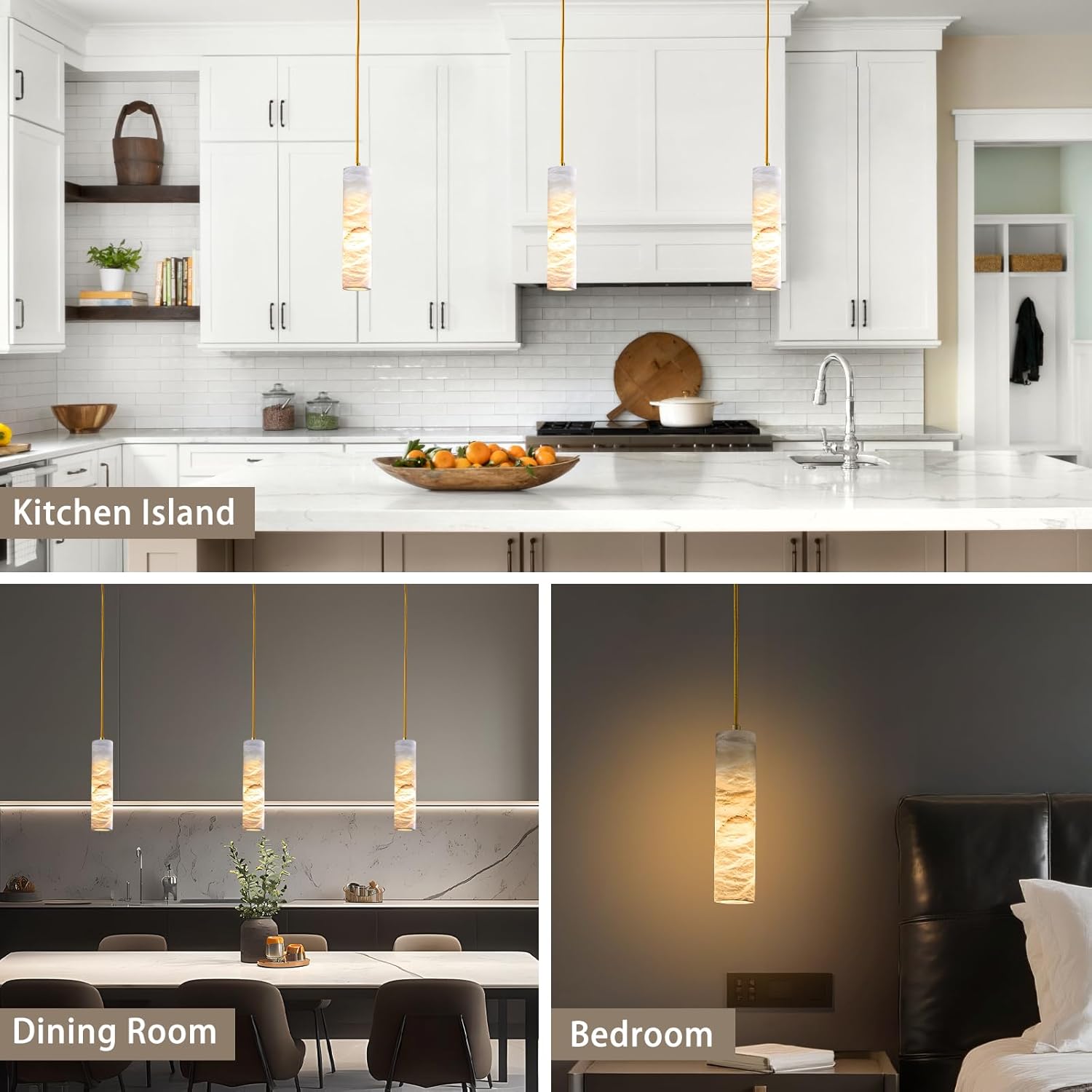 Natural Alabaster Pendant Light Fixture, Modern Marble Kitchen Island Lamp, 9.8" x 2.4" Long Tube Alabaster Chandelier, Small Pendant Light for Bedroom, Dining Room, Living Room (E12 Bulb - 2 Pack)