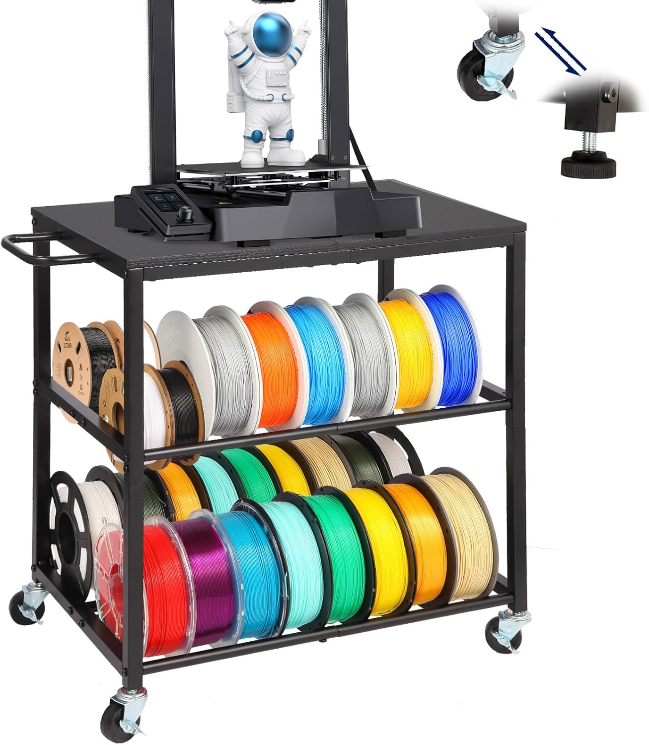 3D Printer Stand with Filament Storage, Sturdy Wooden 3D Printer Table Holds 28 Spools & Accessories, 3D Printer Cart with Wheels for Workstation, Home Office, or Studio