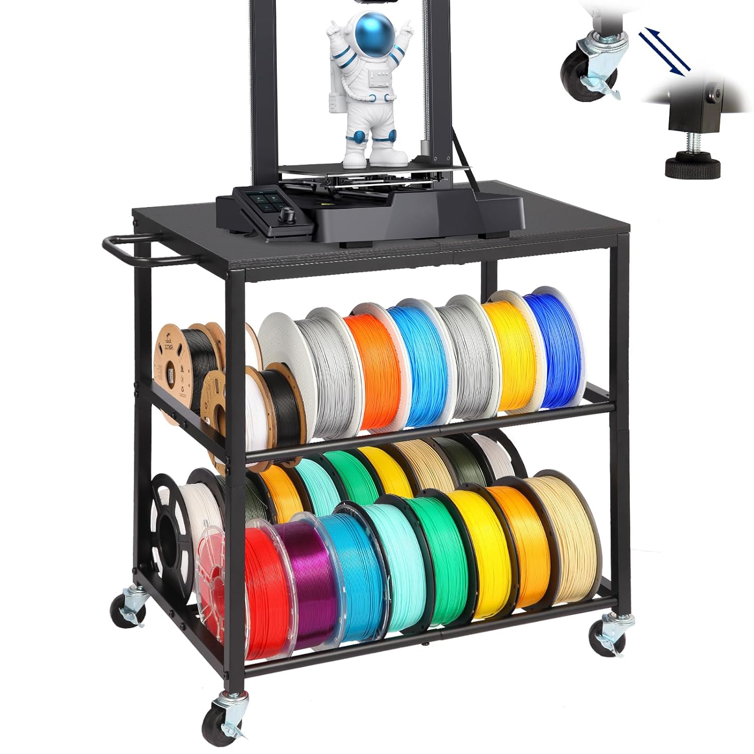 3D Printer Stand with Filament Storage Rack, Sturdy Wooden 3D Printer Table Holds 32 Spools & Accessories, Rolling Cart with Wheels for 3D Printing Studio Home Office Workshop