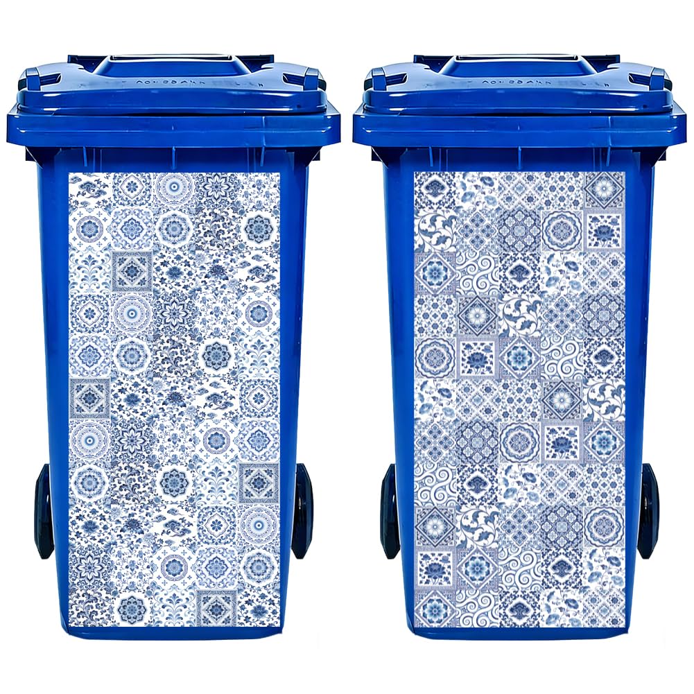 Hobbspring 2Pcs Trash Can Stickers Floral Garbage Can Decals Wheelie Bin Sticker Mosaic Style Waterproof PVC Dustbin Decor Stickers for Outdoor Curbside Garbage Bins 82 * 38cm/32 * 15in