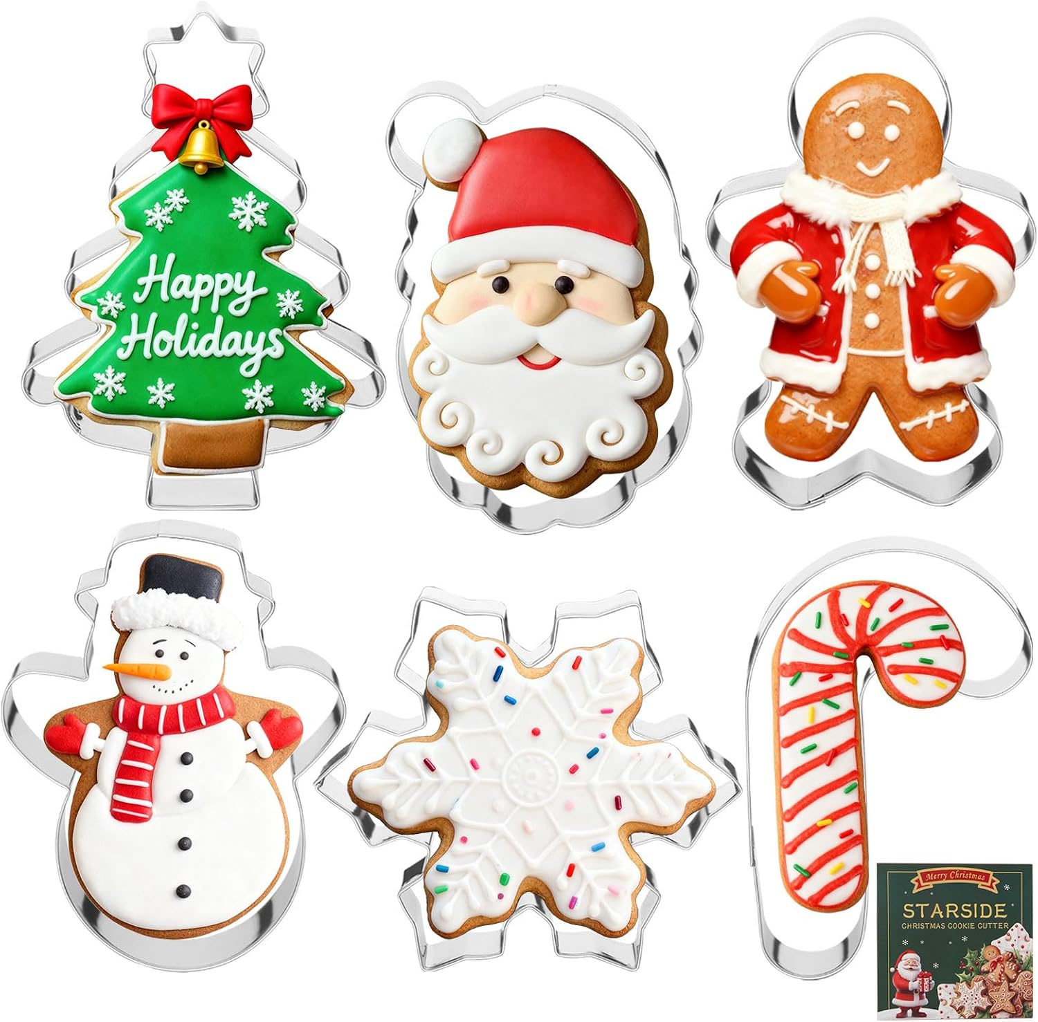 STARSIDE 6-Piece Christmas Cookie Cutters Set - 4 Inch Stainless Steel Holiday Shapes: Snowman, Gingerbread Man, Tree, Snowflake, Santa, Candy Cane