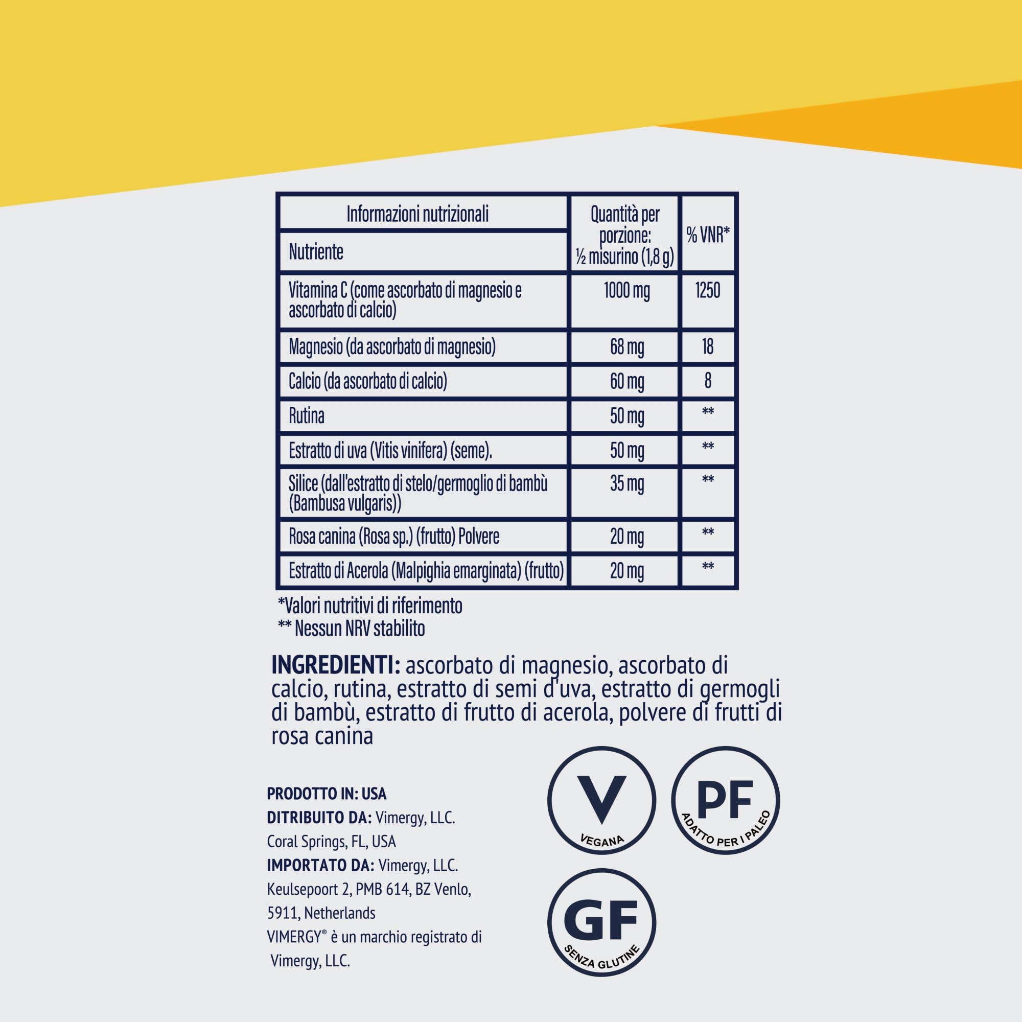 Vimergy Micro-C Immune Power*, 139 Dosi – Vitamina C 1000 mg – Acido Ascorbico Delicato – Vitamina C Polvere Tamponata – Sistema Nervoso - Ossa e Cartilagine – Senza Glutine – Vegano (250 g)
