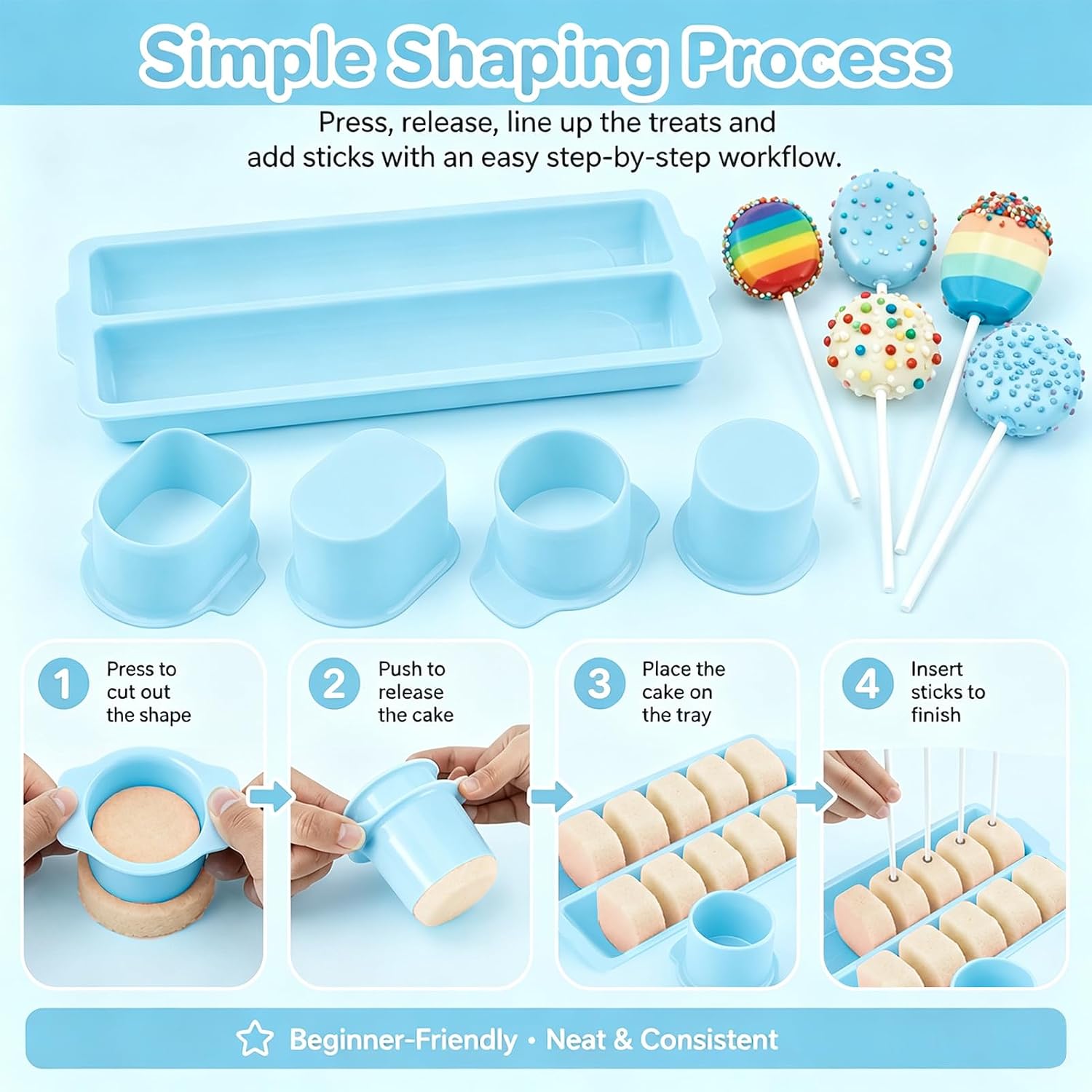 Cakesicle Cutter and Cake Pop Mold Set, Acrylic Display Stands & 9.3'' Tray | Complete Round & Oval Cake Pop Cutter and Pusher with Lollipop Sticks, Cellophane Bags, Ties, Easy to Clean