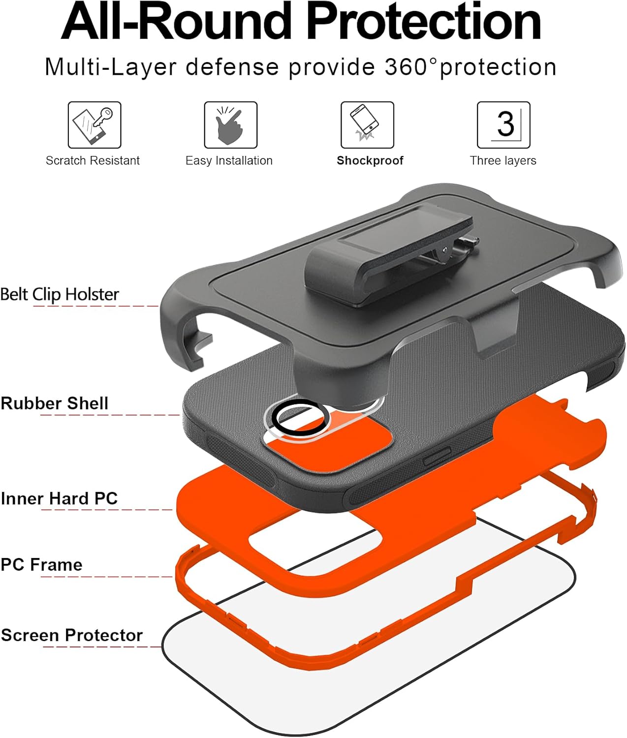 for iPhone 17 Case (6.3"), with Belt Clip Holster and 2 Screen Protector+2 Camera Lens,Tough Durable,Military- Grade Shockproof Drop Protection,w 360°Rotating Kickstand,Heavy Duty Cover-BlackOrange