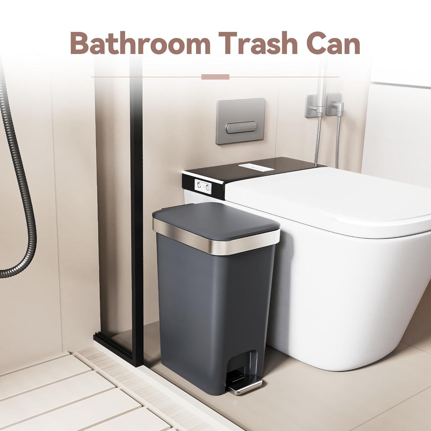 2Pack Small Bathroom Trash Can with Lid Soft Close, 10 Liter/2.6 Gallon Slim Garbage Can-Metal Step and Press top Lid, Mini Modern Waste Basket for Toilet, Office, Bedroom,Dorm,Dark Gray