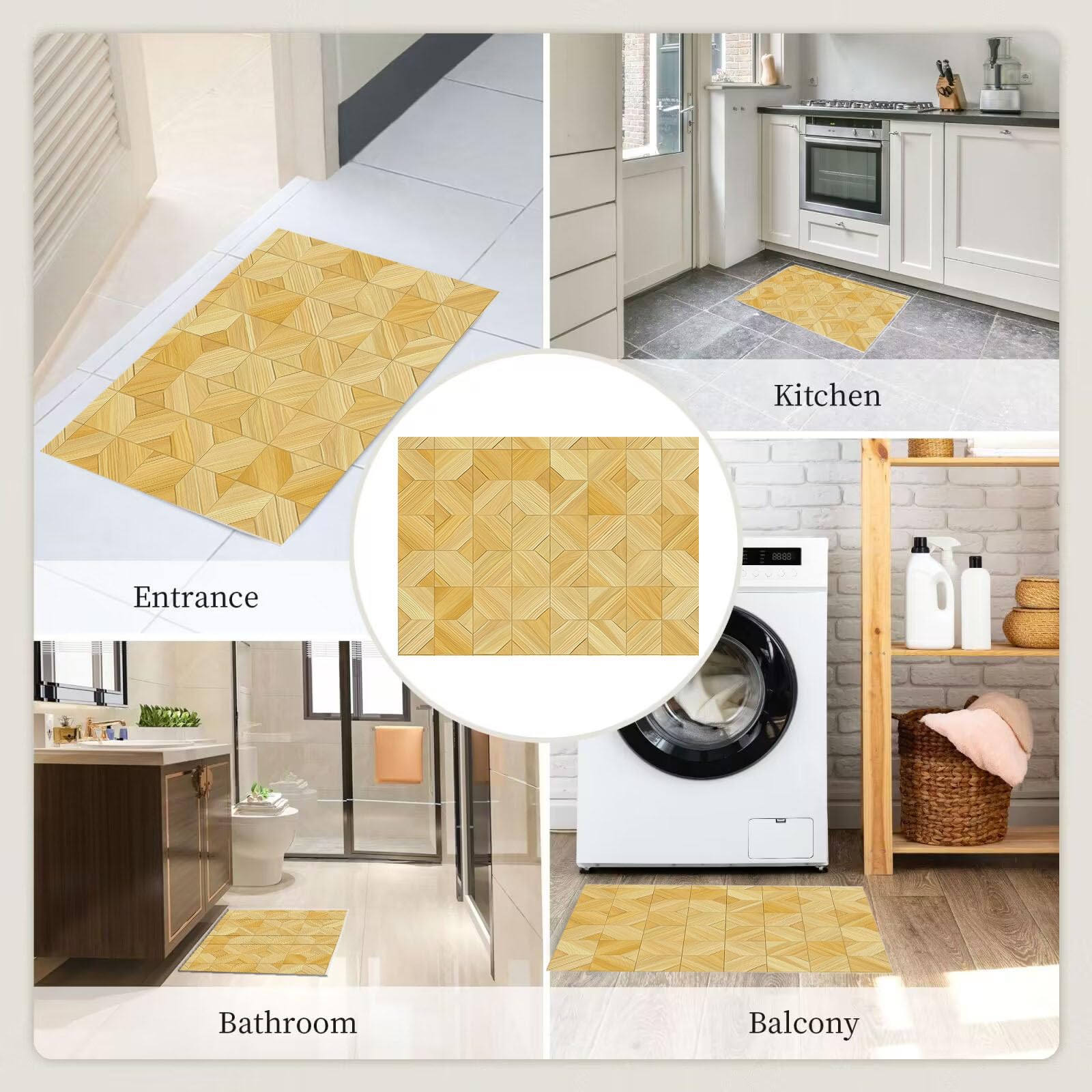 Tapis Lavable Parquet, Antidérapant Géométrie Patchwork Rétro, Résistant Aux Taches pour Intérieur, Décoration pour Salon, Chambre À Coucher, Bureau - Jaune Clair - 80X150Cm