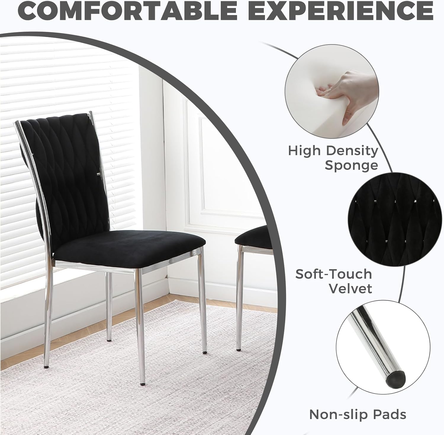 35.43" Round Glass Dining Table Set for 4, 5-Piece Round Silver Kitchen Table with 4 Velvet Upholstered Chairs, Tempered Glass Dining Room Set for Small Living Room, Apartment - Black