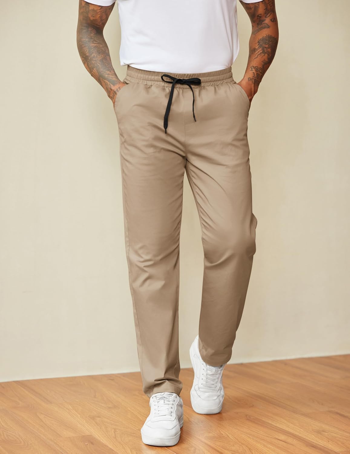 COOFANDY Men's Casual Pants Drawstring Elastic Waist Chino Pants Straight Leg Slacks Cotton Twill Trousers with Pockets - Image 2
