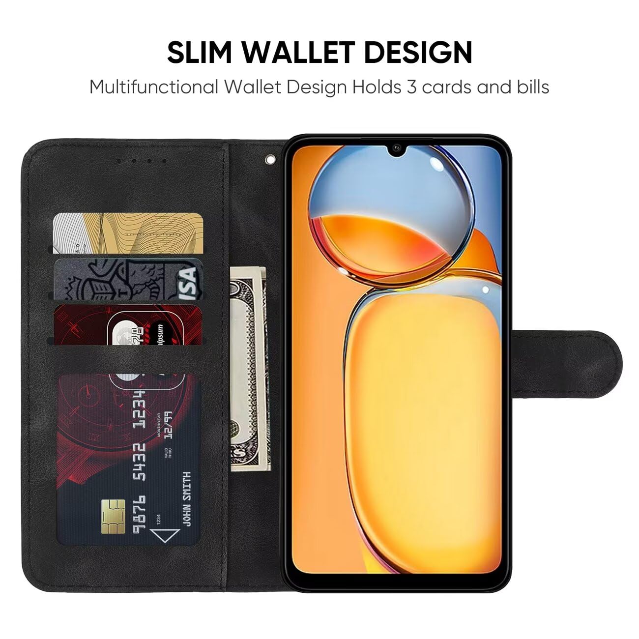 Wanyuexes Case for Redmi 13C 4G/5G & Poco C65/M6 5G, Leather Flip Wallet Case with Tempered Glass Screen Protector, Kickstand - Image 2