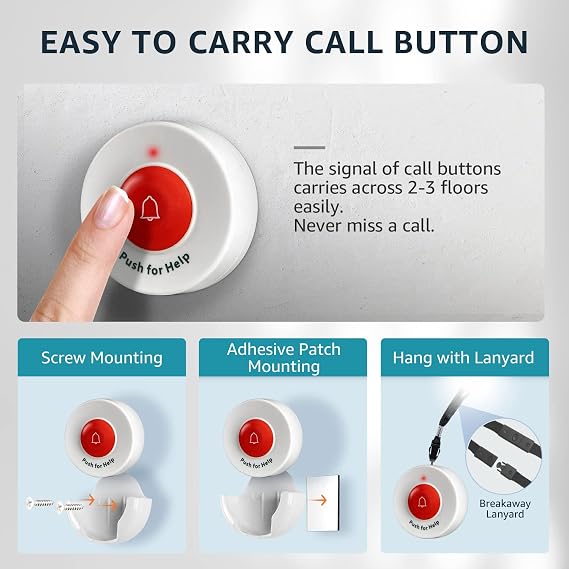 Caregiver Pager 2 Call Buttons, 1 Motion Sensor for Elderly Monitoring Fall Prevention, with an AC Adapter for the Motion Sensor