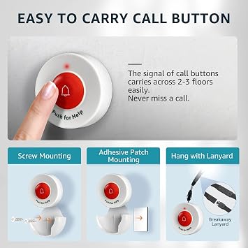 Caregiver Pager 2 Call Buttons, 1 Motion Sensor for Elderly Monitoring Fall Prevention, with an AC Adapter for the Motion Sensor