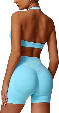 ABOCIW Workout Sets for Women 2 Piece seamless Halter Sports Bra Scrunch Butt Impact Shorts Gym Yoga Outfits