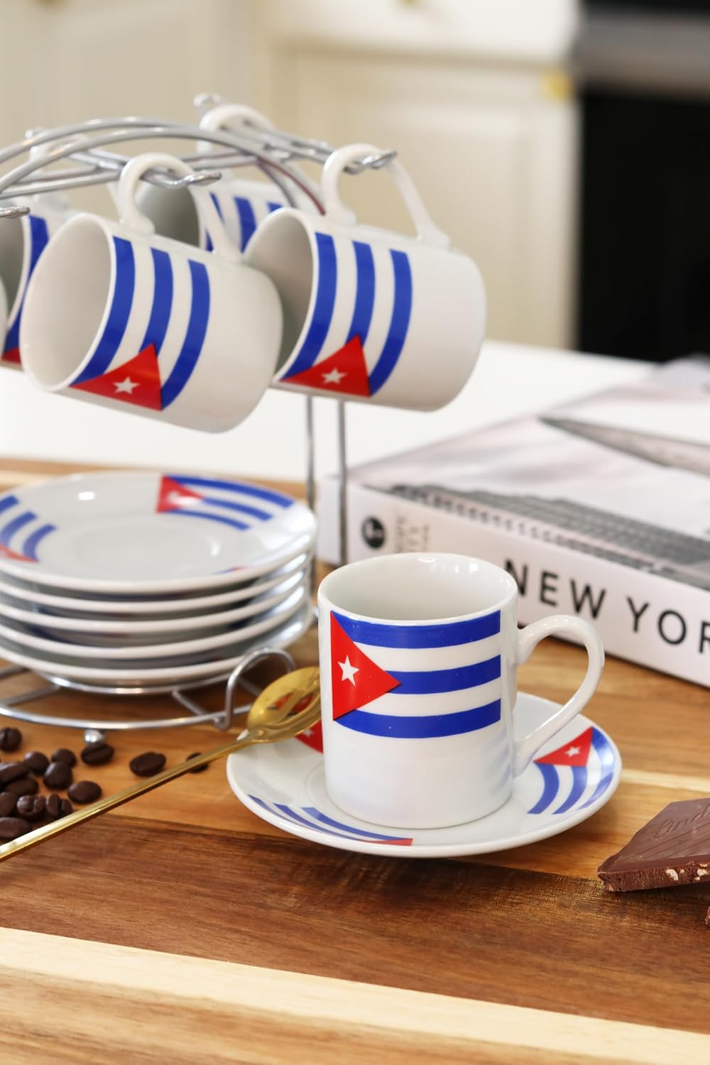 YSSER Cuban Flag Espresso Cup and Saucer Set, 13 Piece, 3.0 fl oz Cups with Metal Stand