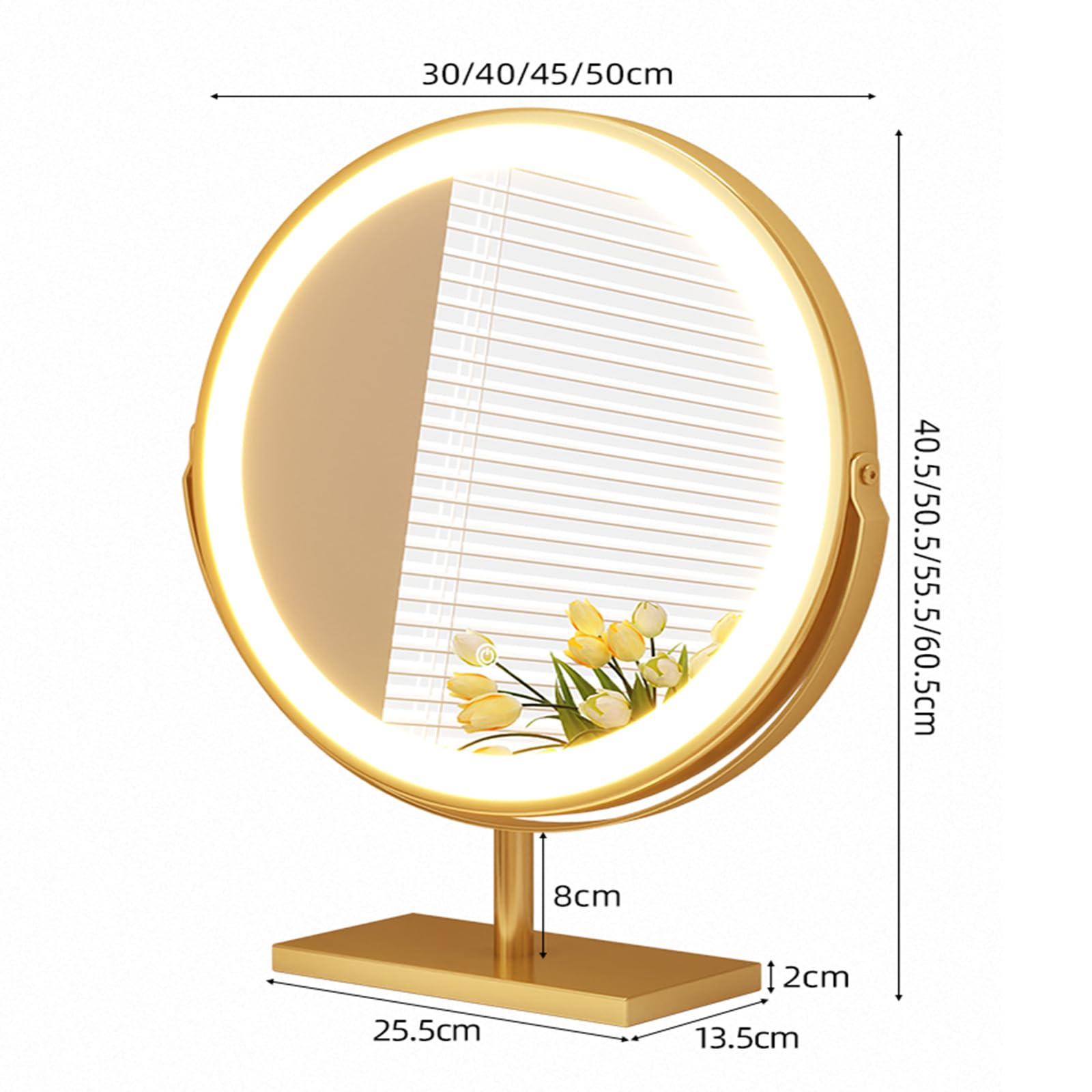 Lusterko kosmetyczne z podświetleniem LED, okrągłe lusterko kosmetyczne z metalową ramą, 50 cm, trójkolorowe ściemnianie, inteligentne sterowanie dotykowe, idealne na biurko i do użytku wolnostojącego