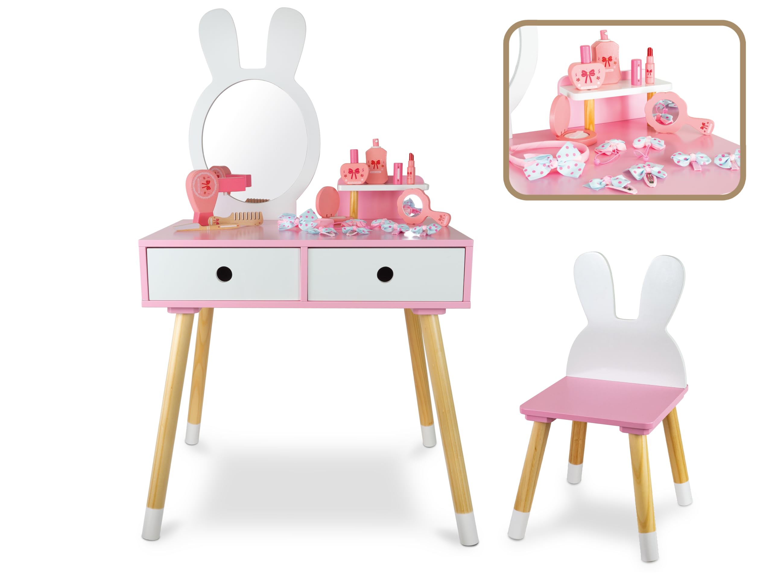Teorema Giocattoli Postazione Trucco Bambina Grande Toeletta Legno Coniglietta Sgabello Specchio Accessori Make Up Cameretta
