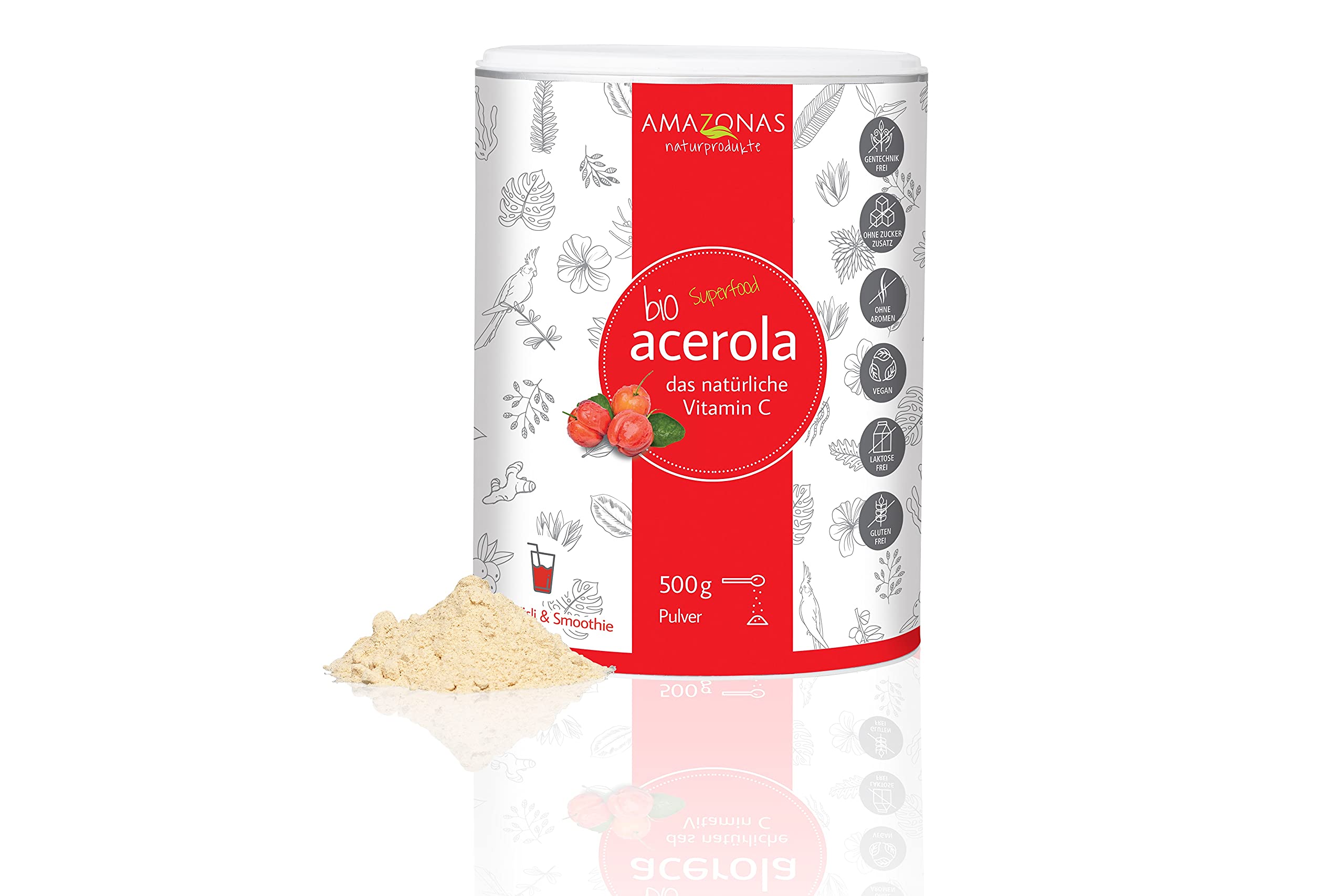 BIO Acerola Pulver von Amazonas Naturprodukte - Natürliches Vitamin C aus ganzen Acerola Kirschen | Vitamin C-Depot auffüllen | Ohne Farbstoffe & Gentechnik | Vegan | Premium-Qualität | 500 g
