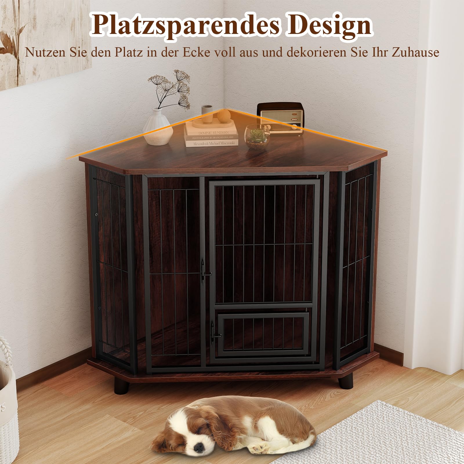 COSTWAY Eck Hundekäfig Möbel, Hundehütte mit abschließbarer Tür & 3 Holzbeinen, Hundebox aus Holz und Metall, für kleine mittelgroße Hunde, Indoor, Braun, 60 x 60 x 71,5 cm