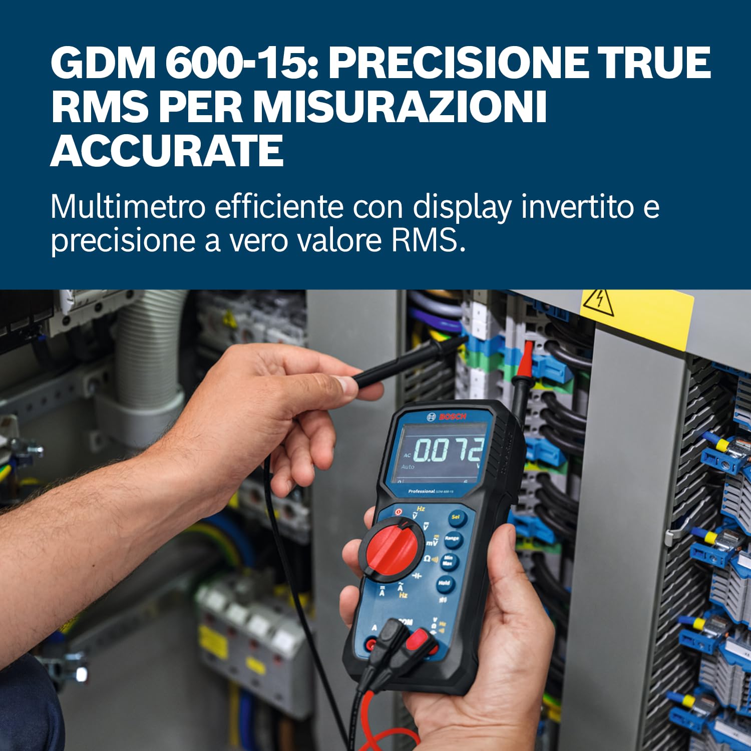 Bosch Professional Multimetro GDM 600-15 (True RMS, LCD invertito, misura frequenza/continuità/resistenza/capacità, Min/Max/Media, puntali MS 90)