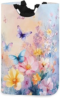 xigua Colorful Flowers and Butterflies Large Laundry Hamper with Handle, Foldable Clothes Hamper Collapsible Storage Basket for Toys and Clothes Organization in Bedroom, Bathroom, and Laundry Room