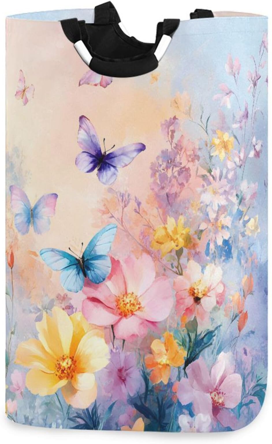 xigua Colorful Flowers and Butterflies Large Laundry Hamper with Handle, Foldable Clothes Hamper Collapsible Storage Basket for Toys and Clothes Organization in Bedroom, Bathroom, and Laundry Room