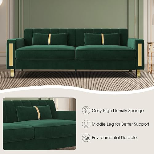 Miniatura 6 de Sofá biplaza de terciopelo moderno de mediados de siglo de 86 pulgadas, cojín de asiento ancho y grueso, sofá biplaza de 2 plazas con 2 almohadas