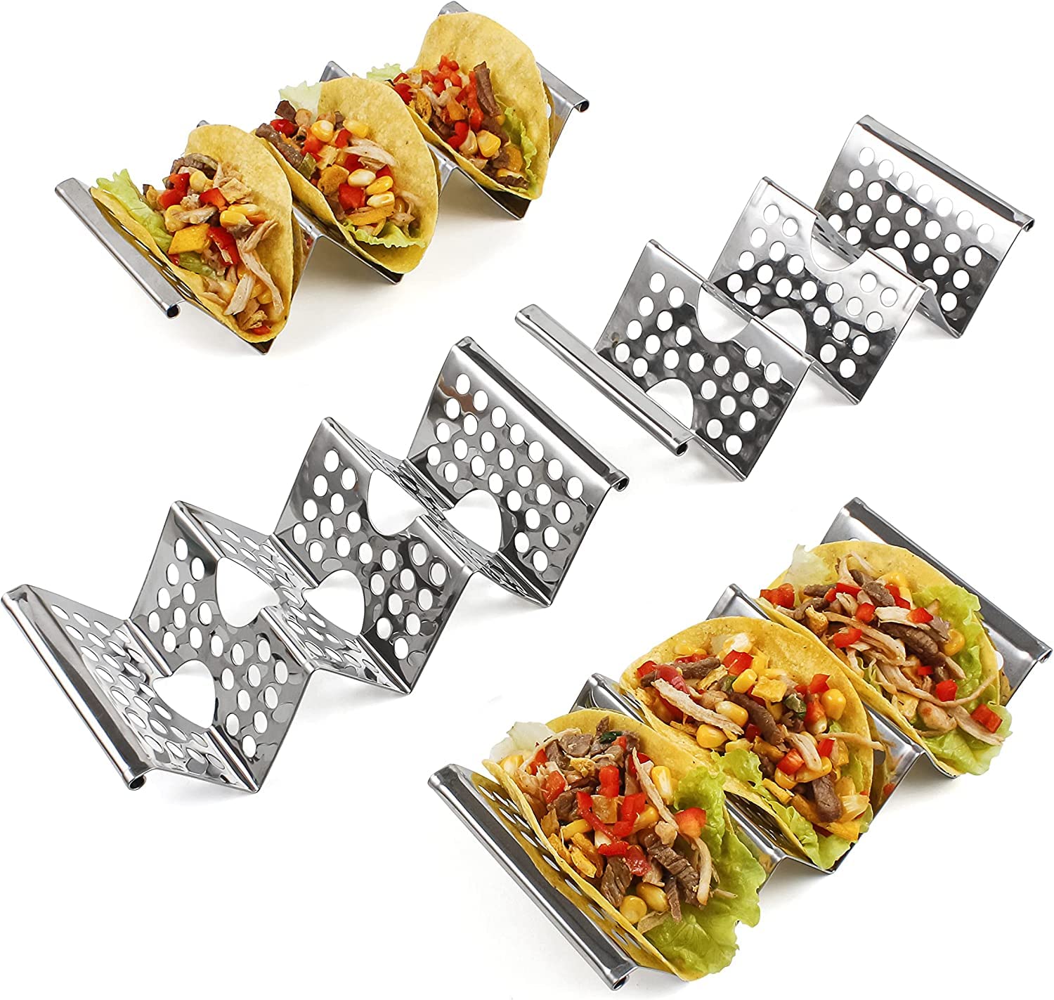 Oter4 Pack Stainless Steel Taco Holders, Premium Taco Stands, Holds 2 Or 3 Tacos Each Taco Tray, Taco Rack With Easy-Access Handle, Food Grade Taco Plate Shells Oven & Grill Safe, BPA Free(Hollow)