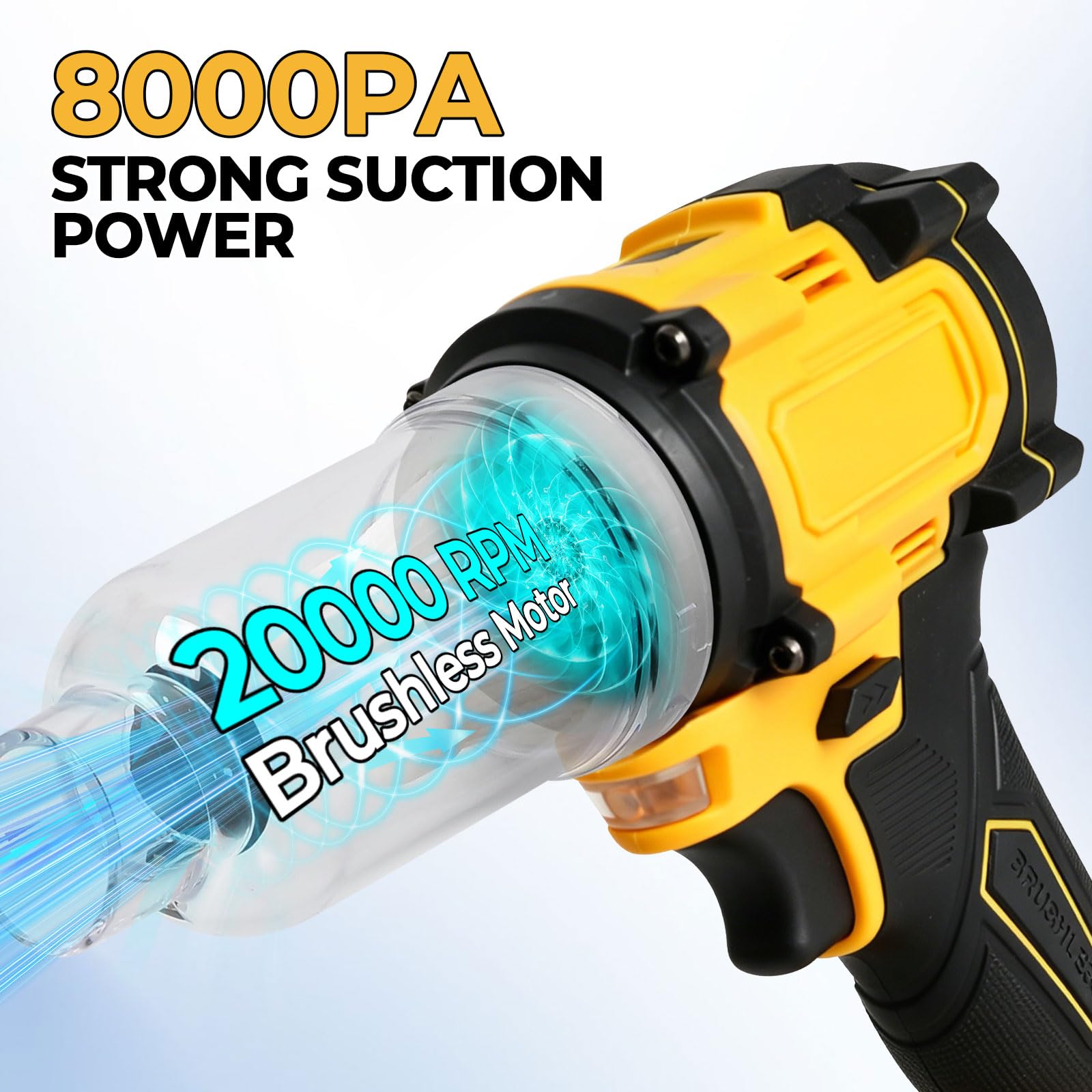 Soffiatore e aspiratore per foglie senza fili compatibile con batterie DEWALT da 18V e 20V, soffiatore d'aria 2 in 1 da 20 kPa e aspiratore da 8 kPa, 20000 giri/min con 3 ugelli e luce LED