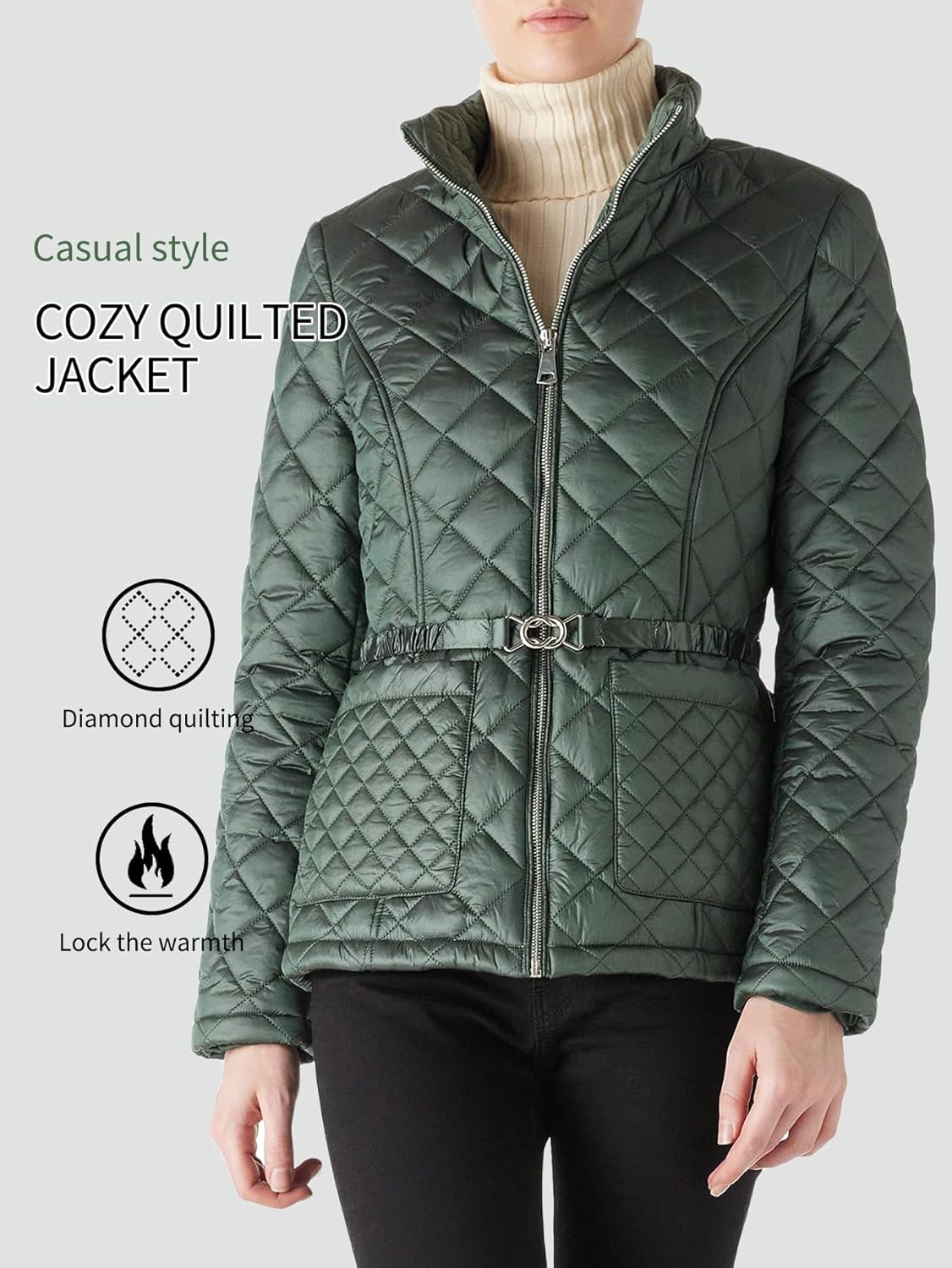Bellivera Women Lightweight Coat Short Quilted Puffer Long Sleeve Belted Jacket Pockets - Image 3