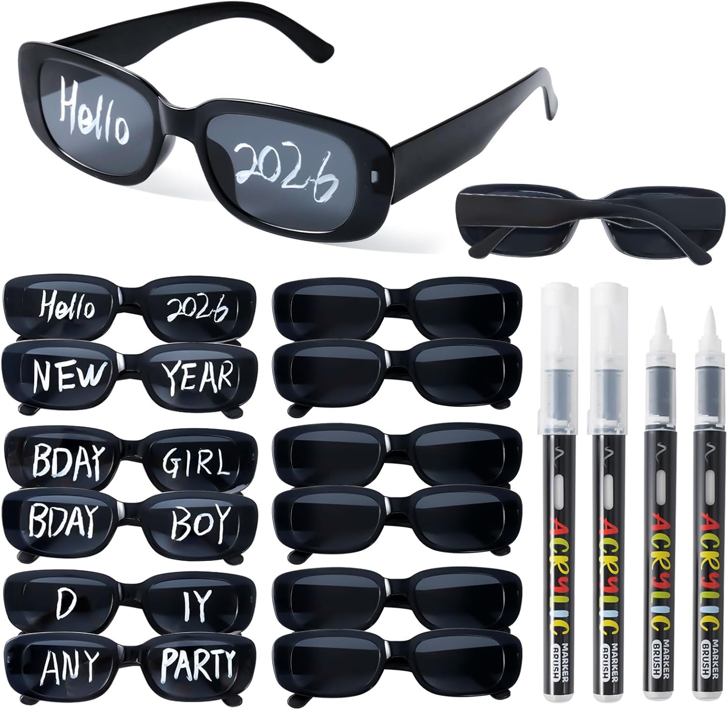 DIY Personalized Sunglasses Set, 12 Pack Retro Rectangular Sunglasses with 4 Marker Pens, Custom Write-On Party Glasses for Birthday, Graduation, Craft Party, Festivals & Group Events
