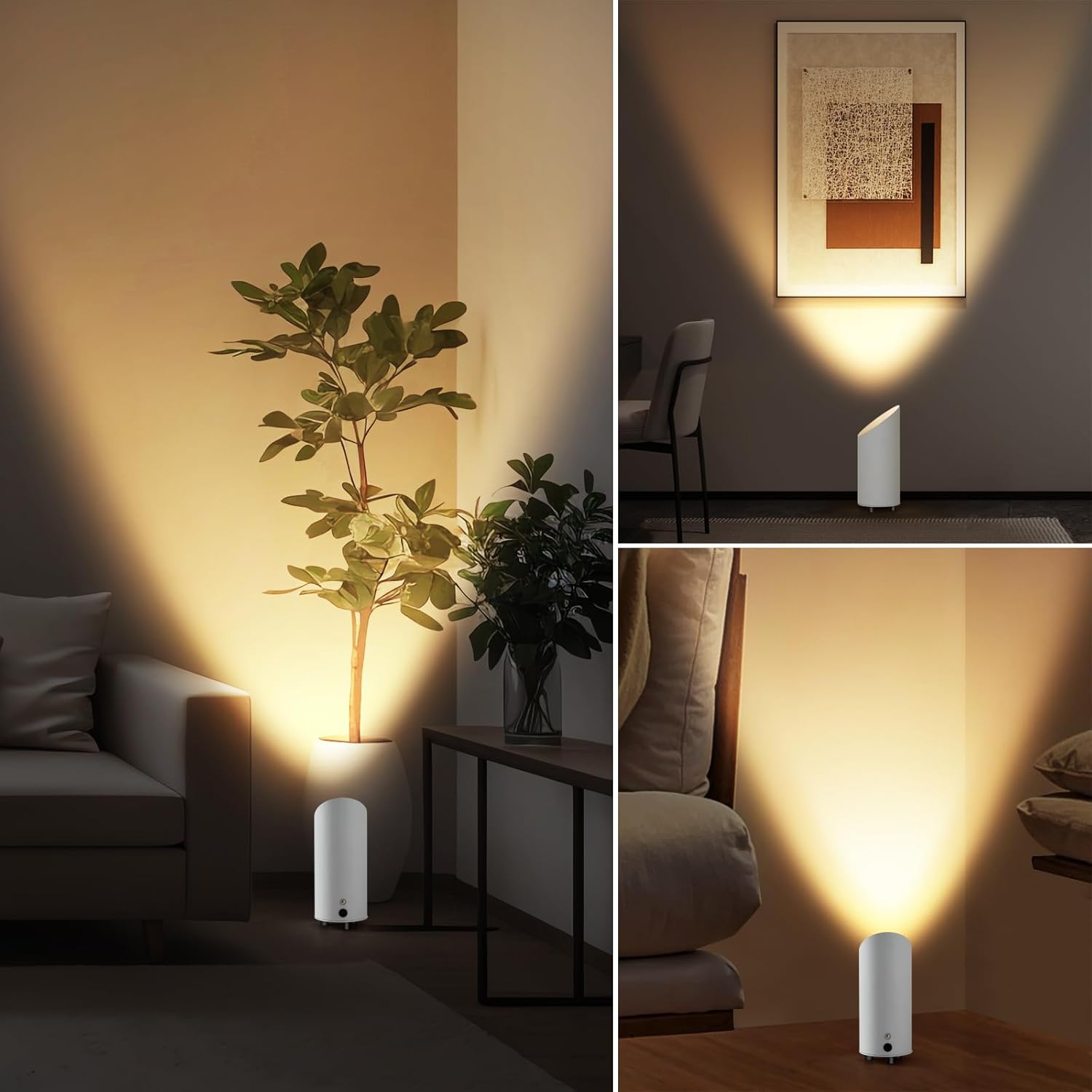 2 Pack Wireless Battery Operated Spotlights Indoor with Remote, Mini White Cordless Rechargeable Floor Can Lights, Small Dimmable Timer LED Accent Uplight for Corner Home Plant Artwork