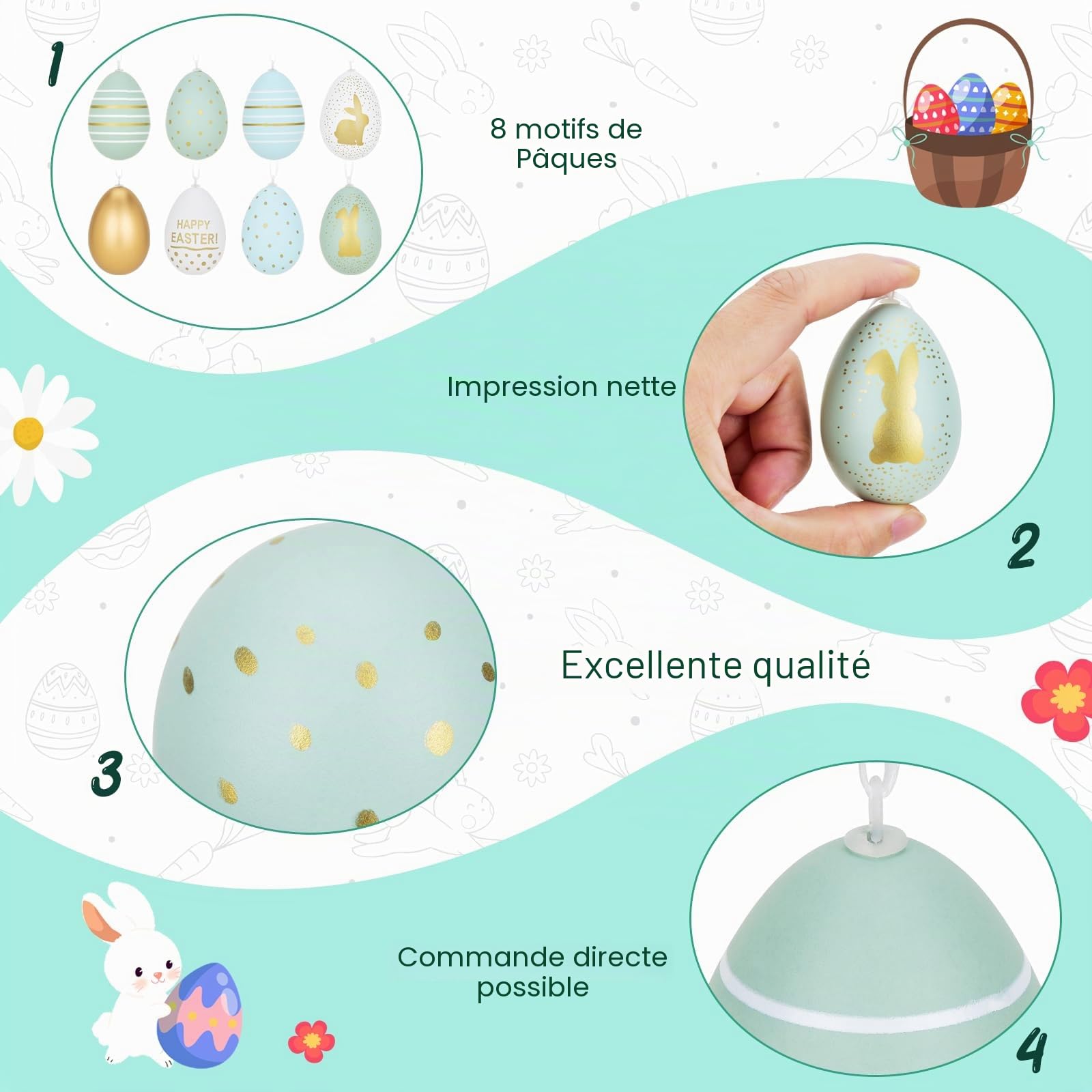 Œufs de Pâques en plastique 6 cm x 4 cm Lot de 24, or bleu clair vert clair blanc 7 designs
