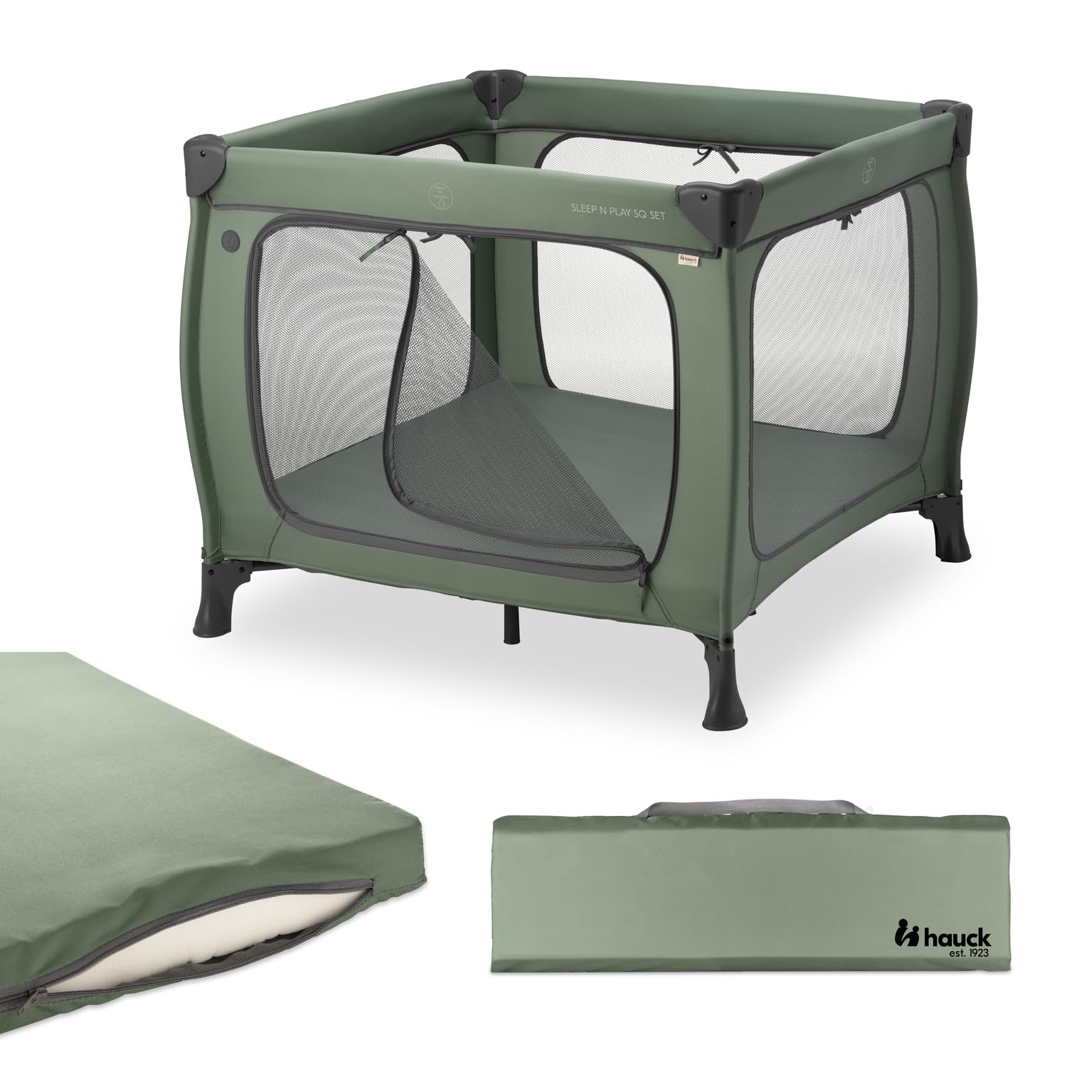 Hauck Quadratischer Reise Laufstall mit Matratze Sleep N Play SQ Dark Green | Klein zusammenklappbar mit Tragetasche & XL Spielöffnung ab Geburt bis 15 kg / 3 jahre, 2in1 Laufgitter & Reisebett